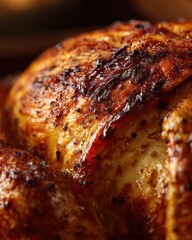 Golden brown roasted chicken with crispy seasoned skin detail Close up view
