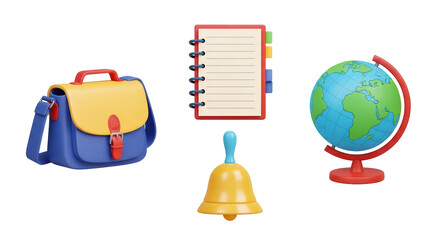 Isolated school supplies on display a satchel notebook globe and bell for study time