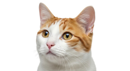 Isolated domestic shorthair cat, orange tabby and white bicolor fur, curious facial expression