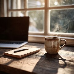 Wooden desk with sunlight glow, laptop reflection and everyday work mood