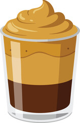 A layered coffee drink with whipped cream on top, presented in a clear glass.
