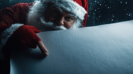 Santa claus with a list in his hands pointing at it in a snowy scene with a dark background