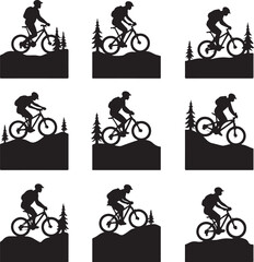 Obraz premium Mountain biker silhouettes on hilly terrain with trees