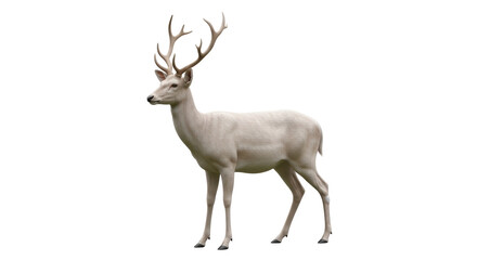 Isolated albino deer buck portrait, elegant mammal with unusual white fur and large antlers