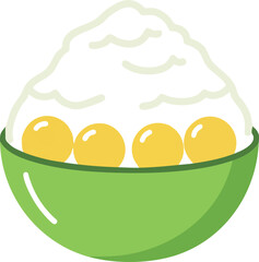 A vector illustration of a bowl of Asian shaved ice dessert, topped with red bean paste, mango cubes, and mochi.