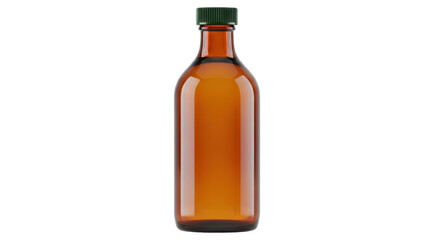 Isolated brown glass bottle with green cap, medical liquid container, healthcare product