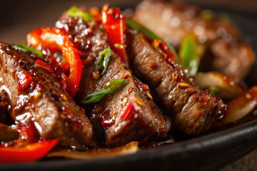 Seared beef strips glazed with sauce and glistening droplets, peppers & onions, warm side light and shallow depth on dark background