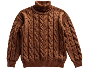 Brown Cable Knit Turtleneck Sweater for Men Isolated on White