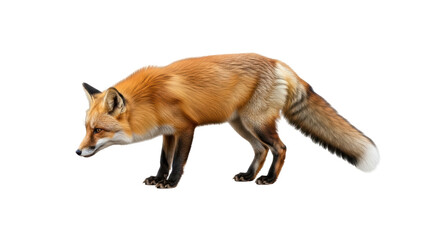 Isolated Red Fox walking with head down, mammal in Autumn colors, in studio, natural light