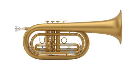 Isolated golden brass flugelhorn musical instrument wind equipment with valves and mouthpiece