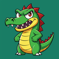 Fototapeta premium A menacing yet playful green alligator character with sharp teeth, yellow belly, and red spikes stands ready for action. Its bold expression and vibrant colors make it eye-catching.
