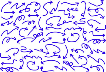 Hand-drawn doodle arrows set in blue ink with various directions, curves, and styles. Perfect for design elements, presentations, notes, and creative projects.
