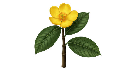 Isolated yellow flower with green leaves and stem beautiful botanical drawing on a plain surface