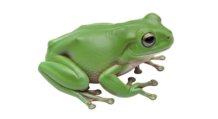 Isolated Green Tree Frog sitting, cute and smooth-skinned, in front-facing view against space