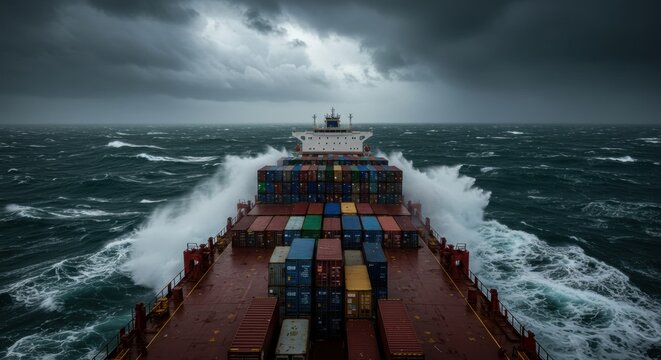 Stormy maritime journey cargo ship navigates rough seas atlantic ocean action dramatic viewpoint