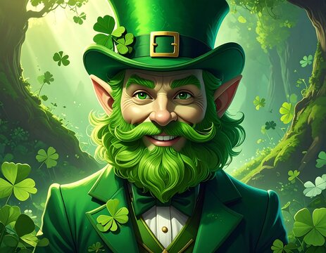 Smiling leprechaun in forest