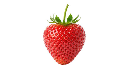 Isolated close-up of a single, perfect, ripe, juicy red strawberry with green leaves; sweet fruit