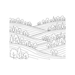 Fototapeta premium Hilly Forest Landscape Icon, Minimalist Vector Line Art of Rolling Hills and Mixed Trees 