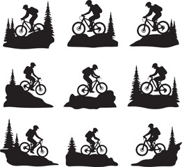 Obraz premium Mountain biker silhouettes on rocky terrain and trees