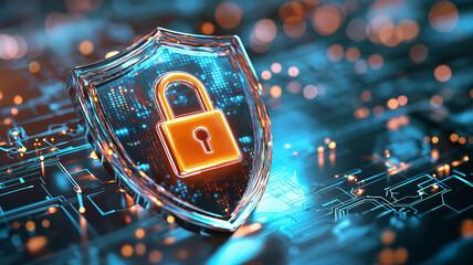 Glowing shield with lock symbolizes digital security, featuring futuristic design with vibrant blue and orange hues. image conveys protection and cybersecurity concepts
