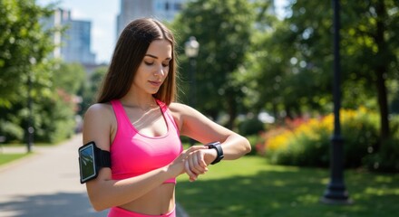 Running woman checking smartwatch in park fitness lifestyle sunny day outdoor motivational concept