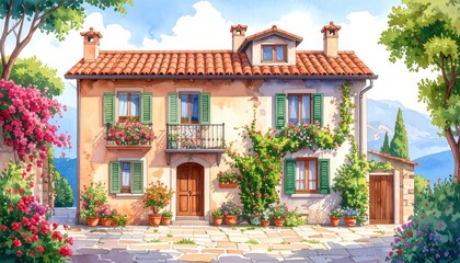 Quaint two-story house with a red-tiled roof, adorned with lush pink flowers