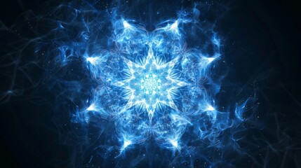 Futuristic luminous snowflake with neon lines and translucent polygons on dark background