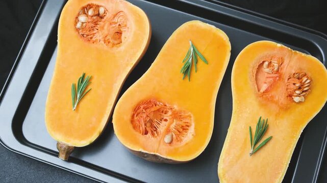 Three halved butternut squash with rosemary sprigs on a dark baking tray