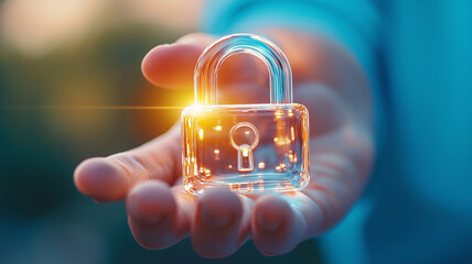 Hand gently holds glowing transparent padlock, symbolizing security and protection in digital context. soft light and blurred background create futuristic and serene atmosphere
