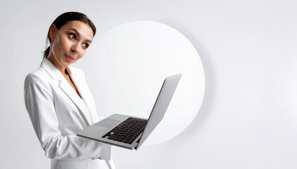 A confident businesswoman in a white blazer holds a laptop, looking sideways with a curious expression against a minimalist backdrop.