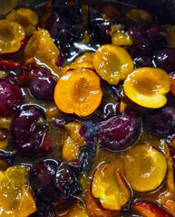 Vibrant plums and apricots meld in a syrupy symphony, evoking Harvest Moon Festival and Mabon, celebrating autumn's bounty