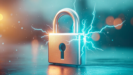 Glowing padlock emits soft blue neon light with electric sparks, symbolizing security and technology. futuristic design conveys sense of protection and innovation