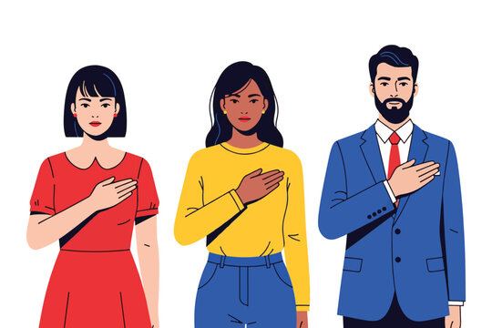 Illustration of diverse people pledging allegiance, isolated on white background, symbolizing patriotism, unity, and national pride in a multicultural society vector
