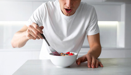 A man in a white t-shirt looks at a healthy smoothie bowl with a delighted expression in a minimalist kitchen.