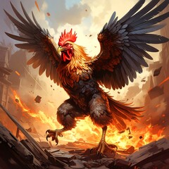Powerful rooster amidst fiery destruction