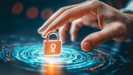 Human hand reaches toward glowing holographic padlock, symbolizing digital security and protection. futuristic design highlights technology role in safeguarding information
