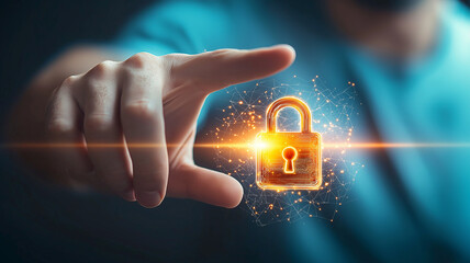 Human hand reaches toward glowing holographic padlock, symbolizing digital security and protection. futuristic design conveys innovation and technology