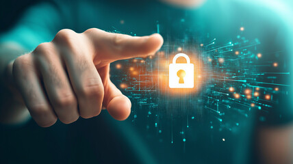 Human hand reaches toward glowing holographic padlock, symbolizing digital security and data protection. futuristic design conveys sense of innovation and technology