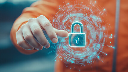Hand reaches toward glowing holographic padlock, symbolizing digital security and protection. futuristic design emphasizes technology and innovation in cybersecurity