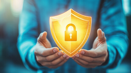 Person holding illuminated shield icon with lock in center, symbolizing security and protection. glowing shield conveys sense of safety and trust