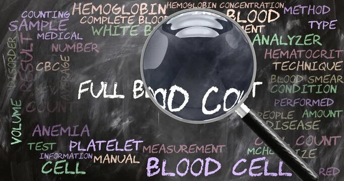 Full Blood Count being studied, examined - under close inspection. Most important subjects and ideas closely related to full blood count. Can be looped