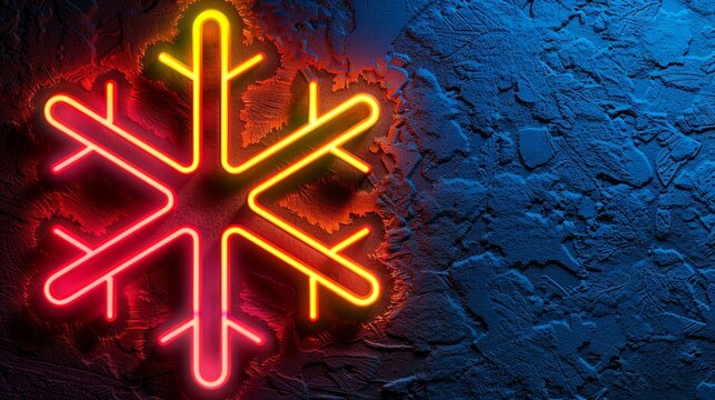 Futuristic neon snowflake design with luminous lines and translucent polygons on dark background