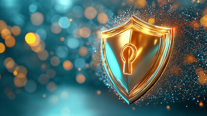 Glowing golden shield with keyhole symbol hovers amidst sparkling bokeh background, symbolizing security and protection. vibrant colors create futuristic and secure atmosphere
