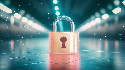 Glowing digital padlock stands on futuristic floor, symbolizing security and technology. baby blue and metallic hues create modern, secure atmosphere
