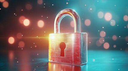 Glowing digital padlock hologram in vibrant colors symbolizes security and technology. luminous effect and bokeh background create futuristic and secure atmosphere
