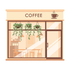 Inviting Coffee Shop Exterior with Cozy Interior View and Greenery, Perfect for Relaxing Moments