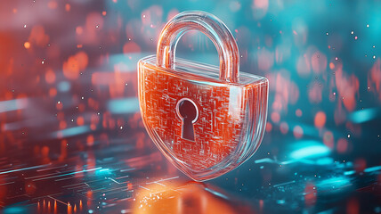 Holographic padlock symbolizes cyber security in digital landscape, with vibrant blue and orange hues creating futuristic atmosphere