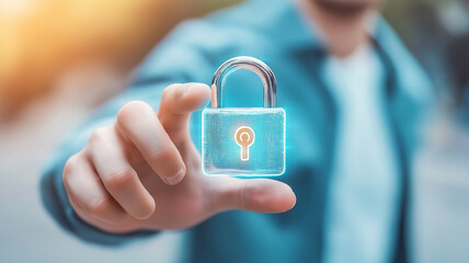 Person interacts with futuristic holographic padlock, symbolizing digital security and innovation. glowing lock hovers above hand, emphasizing technology role in protection