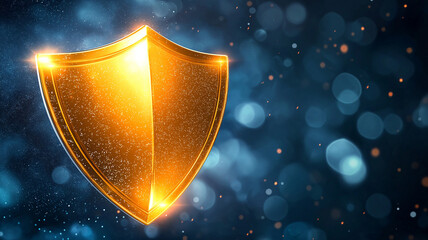 Glowing golden shield floats in starry space background, creating sense of protection and security. shield luminous surface contrasts with dark, bokeh filled backdrop