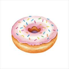 Watercolor Vector Donut Dessert Illustration with Pink Frosting on White Background